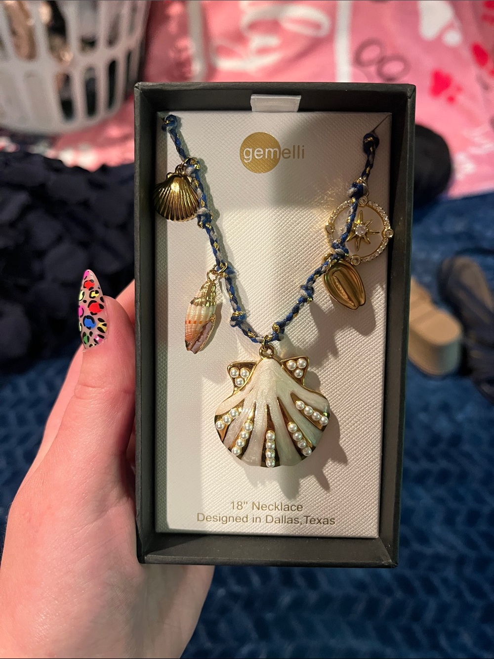 gemelli Gold & White Shell Charm Necklace - Blue Cord